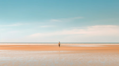 Man walking on the beach at low tide with ocean in the backgroundの素材