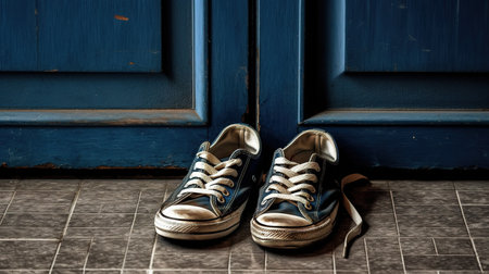 Sneakers on the floor in front of a blue door.の素材