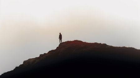 Silhouette of a man standing on top of a mountain and looking into the distanceの素材