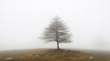 Lonely tree on a foggy day in the mountains.の素材