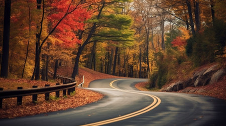 Winding road through the autumn forest. Fall season. Autumn landscape.の素材