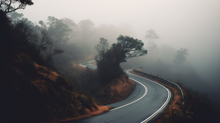 Winding road in the mountains with fog in the morning, travel conceptの素材