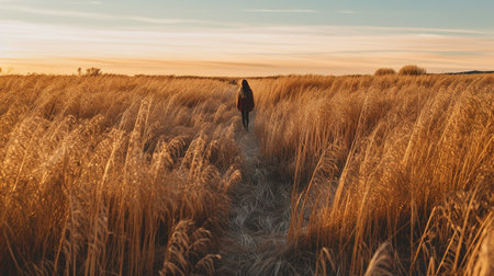 A man walks through the tall grass at sunset in the field.の素材