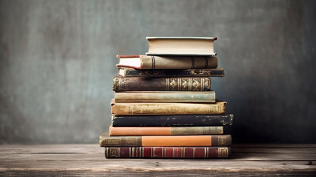 Pile of old books on a wooden table against a dark backgroundの素材
