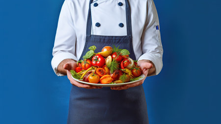 Chef holding a plate of fresh vegetables on a blue background.の素材