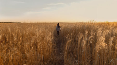 Young woman walking through a wheat field at sunset. Rear view.の素材
