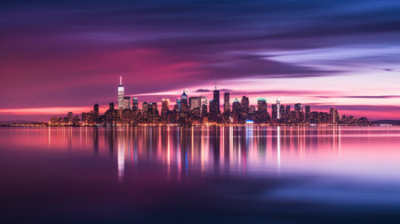 New York City Manhattan skyline panorama over Hudson River at sunset with reflectionの素材