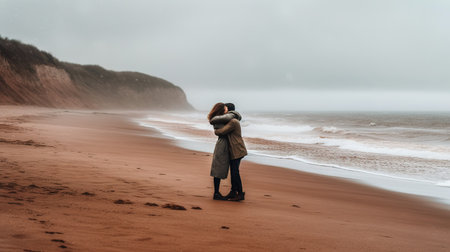 Young couple in love walking on the beach on a foggy dayの素材