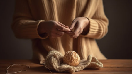Cropped image of female hands knitting woolen scarf on wooden tableの素材
