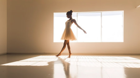 Beautiful ballerina in white dress dancing in a dance studioの素材