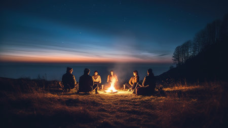 A group of friends sitting around a bonfire on a mountain at nightの素材
