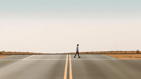 Conceptual image of businessman walking on asphalt road. Mixed mediaの素材