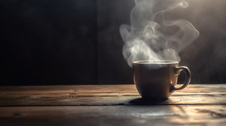 Coffee cup on wooden table with smoke on dark background.の素材