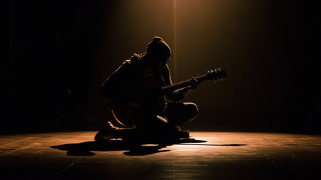 Guitarist silhouette in dark room with spotlights. Man playing guitar.の素材