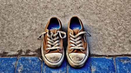 Sneakers on the cement floor with blue wall background, vintage styleの素材