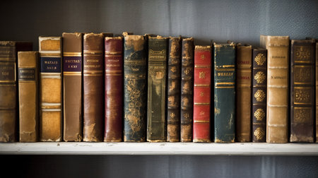 Old books on a shelf in the library. Retro style photo.の素材