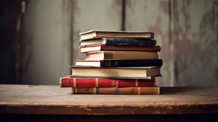 Books on a wooden table. Vintage style. Selective focus.の素材