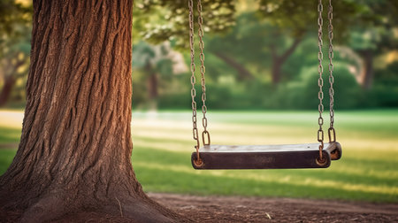 Empty swing hanging on a tree in the park. Conceptual image.の素材