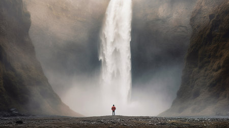 Tourist in front of the Skogafoss waterfall in Icelandの素材