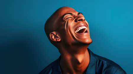 Portrait of a young african american man laughing against blue backgroundの素材