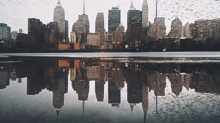 New York City panoramic view with skyscrapers and reflection in waterの素材