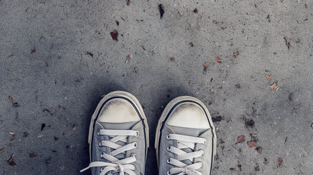 Selfie of sneakers on the asphalt. Top view of sneakers on the asphalt.の素材
