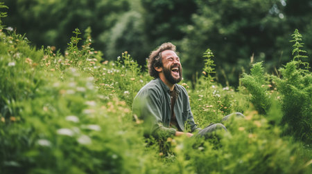Handsome bearded hipster man sitting in the park and laughingの素材