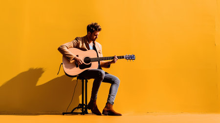 Handsome young man playing guitar on a yellow background with shadowの素材
