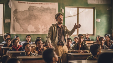 Teacher in front of a group of students in the classroom.の素材