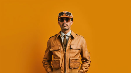 handsome man in aviator hat and leather jacket on yellow backgroundの素材