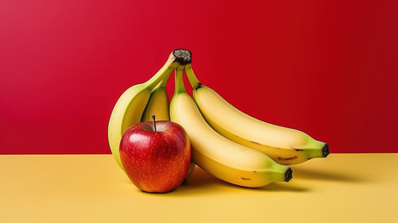Bananas and apple on a yellow and red background. Healthy food concept.の素材
