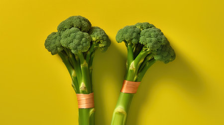 Two fresh green broccoli on yellow background, top view, copy spaceの素材