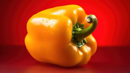 Fresh yellow bell pepper on red background. Shallow depth of field.の素材