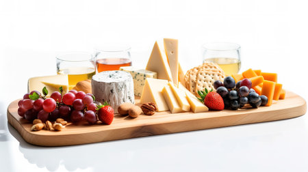 cheese plate with grapes, nuts and honey on a white backgroundの素材