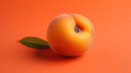 Ripe apricot with green leaf on a orange background.の素材