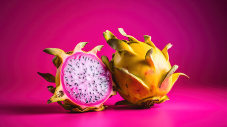 Dragon fruit on a pink background. The concept of exotic fruits.の素材