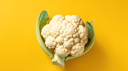 Cauliflower on yellow background, top view. Healthy food conceptの素材