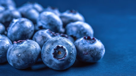 Blueberries on a blue background. Shallow depth of field.の素材