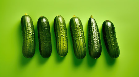Cucumbers on a green background, top view, flat layの素材