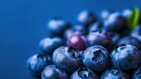 Blueberries on a blue background. Blueberries are antioxidant organic superfood.の素材