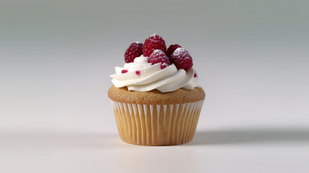 Cupcake with cream and raspberries on a white backgroundの素材
