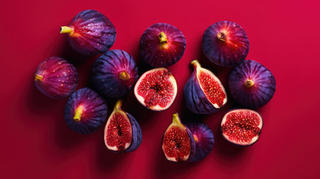 Fresh figs on a red background. Top view, flat layの素材