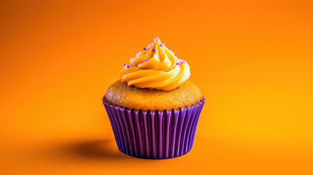 Cupcake with buttercream frosting and purple muffin on orange backgroundの素材