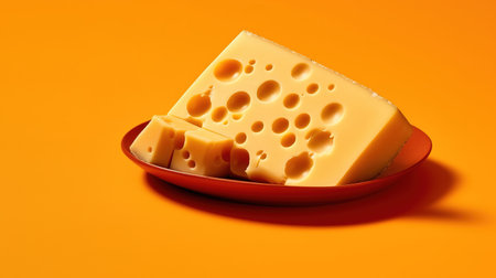 Cheese collection, piece of Swiss medium-hard yellow cheese emmental with holes in plate on orange backgroundの素材