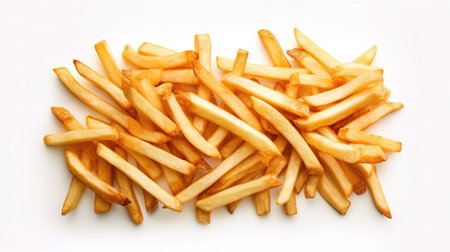 Golden French fries potatoes on white background, top view, close upの素材