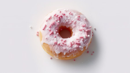 Donut with pink icing on a white background, top view.の素材
