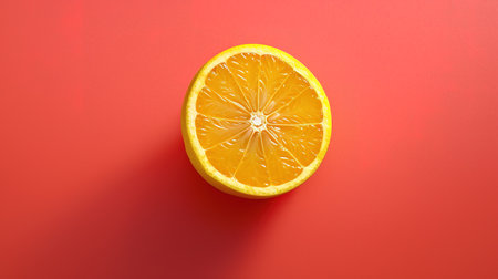 Slice of fresh orange on red background. Top view with copy spaceの素材