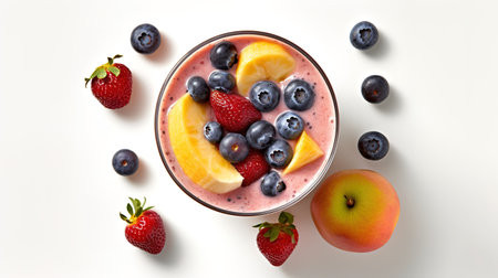 Strawberry and blueberry smoothie in a glass on white backgroundの素材