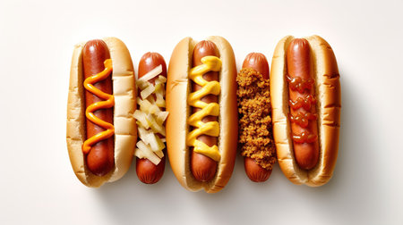 Hot dogs with mustard and ketchup on white background, top viewの素材