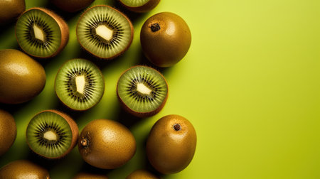 Kiwi fruit on green background. Top view. Flat lay.の素材